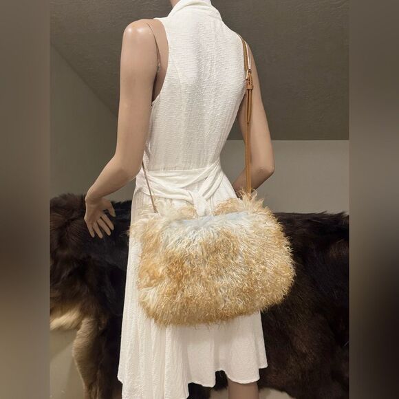 2 Tone Real Mongolian Lamb Fur Handmade Shoulder Bag, Real Shearling Crossbody - Picture 10 of 16